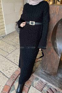 Lamelif Saç Örgü Uzun Elbise Siyah
