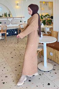 Lamelif Saç Örgü Uzun Tesettür Elbise Sütlü Kahve