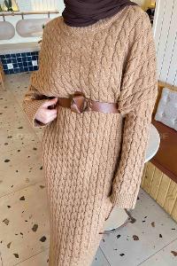 Lamelif Saç Örgü Uzun Tesettür Elbise Sütlü Kahve