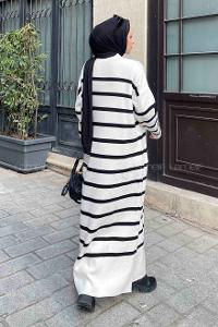 Lamelif Çizgi Detaylı Triko Tesettür Elbise Ekru