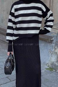 Lamelif Çizgili Kazak Triko Elbise İkili Takım Siyah