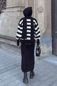 Lamelif Çizgili Kazak Triko Elbise İkili Takım Siyah