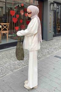 Lamelif Düz İkili Triko Tesettür Takım Ekru