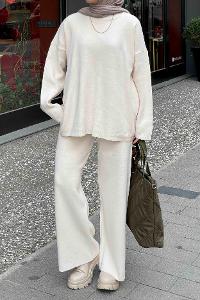 Lamelif Düz İkili Triko Tesettür Takım Ekru