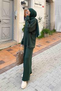 Lamelif Düz İkili Triko Tesettür Takım Zümrüt