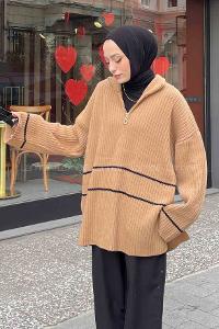 Camel Zippered Neck Knitwear Tunic