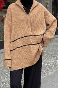 Camel Zippered Neck Knitwear Tunic