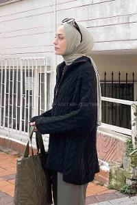 Lamelif Fermuarlı Saç Örgülü Kazak Siyah