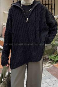 Lamelif Fermuarlı Saç Örgülü Kazak Siyah