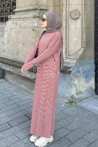 Lamelif Fitilli Triko Uzun Tesettür Elbise  Gül