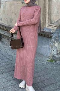 Lamelif Fitilli Triko Uzun Tesettür Elbise  Gül