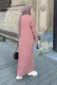 Lamelif Fitilli Triko Uzun Tesettür Elbise  Gül