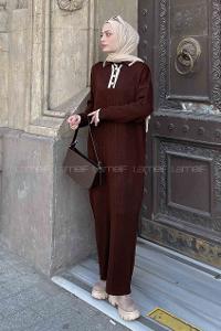 Lamelif Gold Düğme  Detaylı Triko Elbise Acı Kahve