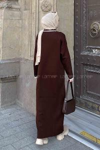 Lamelif Gold Düğme  Detaylı Triko Elbise Acı Kahve