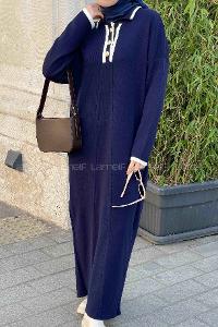 Lamelif Gold Düğme  Detaylı Triko Elbise Lacivert