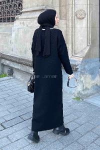 Lamelif Gold Düğme  Detaylı Triko Elbise Siyah