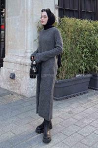 Lamelif İpek Selanik Uzun Elbise Füme