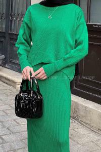 Green Turtle Neck Balloon Sleeve Arm Knitwear Pencil Skirt Suit