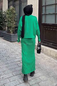 Green Turtle Neck Balloon Sleeve Arm Knitwear Pencil Skirt Suit