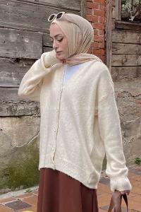 Lamelif Şardonlu Düz Hırka Ekru