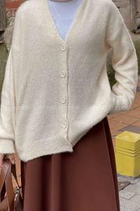 Lamelif Şardonlu Düz Hırka Ekru