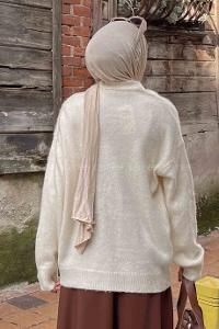 Lamelif Şardonlu Düz Hırka Ekru