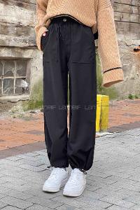 Lamelif  Stoperli  Soft Paraşüt Pantolon Siyah