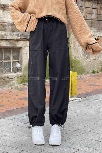 Lamelif  Stoperli  Soft Paraşüt Pantolon Siyah