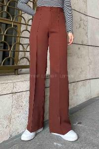 Lamelif Çımalı Bol Paça Pantolon Kahverengi