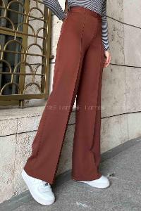 Lamelif Çımalı Bol Paça Pantolon Kahverengi