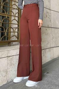 Lamelif Çımalı Bol Paça Pantolon Kahverengi