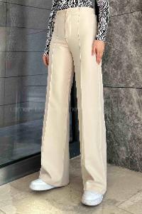 Lamelif Çımalı Bol Paça Pantolon Krem