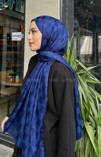 Lamelif Dama Desen Jakar Şal Gece Mavisi