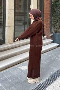 Lamelif Fermuarlı Fitilli Elbise Acı Kahve
