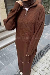 Lamelif Fermuarlı Fitilli Elbise Acı Kahve