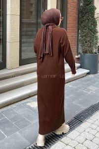 Lamelif Fermuarlı Fitilli Elbise Acı Kahve