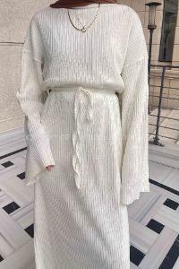 Lamelif Yarasa Kol Triko Tesettür Elbise Ekru