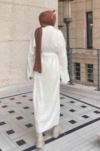 Lamelif Yarasa Kol Triko Tesettür Elbise Ekru