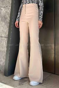 Lamelif Yüksek Bel İspanyol Paça Gizli Cep Pantolon Krem