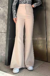 Lamelif Yüksek Bel İspanyol Paça Gizli Cep Pantolon Krem