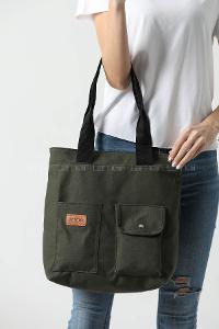 Lamelif Büyük Boy Üç Bölmeli Kanvas Kadın Çanta Haki