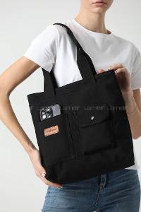 Lamelif Büyük Boy Üç Bölmeli Kanvas Kadın Çanta Siyah