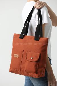 Lamelif Büyük Boy Üç Bölmeli Kanvas Kadın Çanta Taba