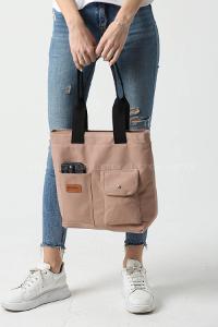 Lamelif Büyük Boy Üç Bölmeli Kanvas Kadın Çanta Vizonrengi