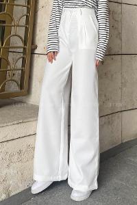 Lamelif Çift Pensli Bol Paça Pantolon Ekru