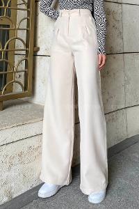 Lamelif Çift Pensli Bol Paça Pantolon Krem