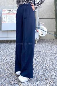 Lamelif Çift Pensli Bol Paça Pantolon Lacivert