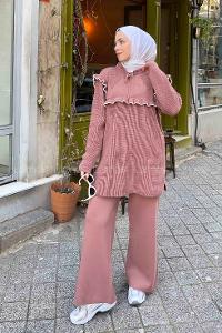 Lamelif Fırfırlı Triko İkili Tesettür Takım Gül