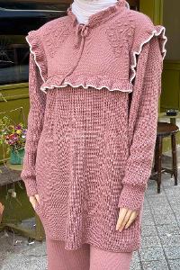 Lamelif Fırfırlı Triko İkili Tesettür Takım Gül