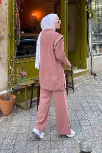 Lamelif Fırfırlı Triko İkili Tesettür Takım Gül